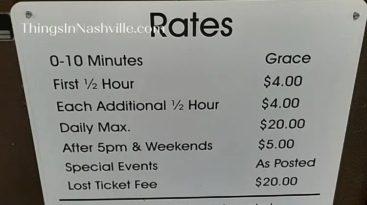Sign that shows the parking rates for the courthouse parking garage on James Robertson Parkway.